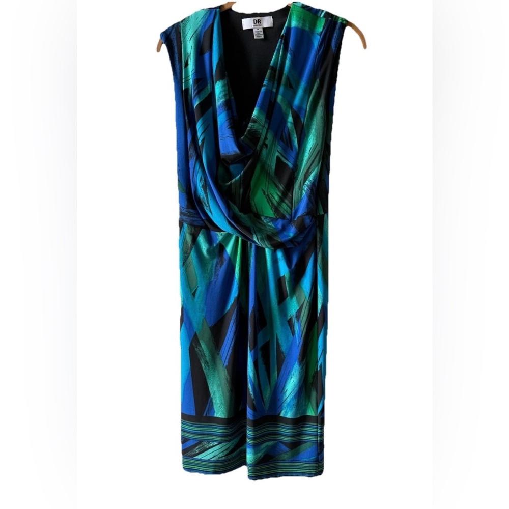 DR Collection Women’s Vibrant Blue and Green Patterned Sleeveless Dress Size M